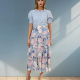 Fustă lungă cu volane și print floral bleu