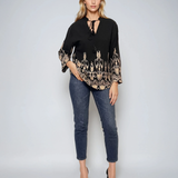 Bluză tip ie din bumbac cu broderie aurie și mânecă lungă negru