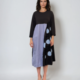 Rochie albastru-jeans cu mâneci 3/4 din bumbac cu inserții, casual și lejeră albastru-jeans