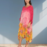 Rochie lungă din mix mătase cu print flora ciclam