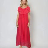 Rochie elegantă din mătase cu volane la umeri ciclam