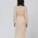 Rochie lungă din in cu flori aplicate beige