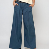 Pantaloni lungi largi cu buzunare albastru jeans