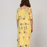 Rochie din in cu umeri goi și print galben