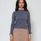 Pulover cu volan plisat albastru