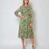 Rochie midi din voal cu print floral și curea verde