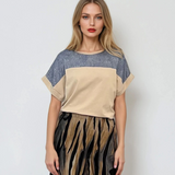 Tricou cu inserție din blugi beige