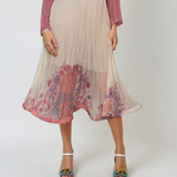Fustă lungă plisată cu print floral și crinolină fluidă roz