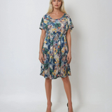 Rochie midi cu print floral și șnur în talie albastru