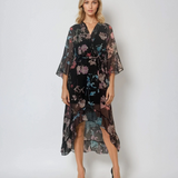 Rochie asimetrică din voal cu print floral și cordon negru