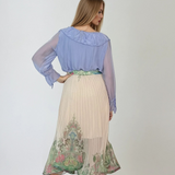 Fustă lungă plisată cu print floral și crinolină fluidă verde