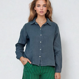 Cămașă largă cu pense pe spate grej albastru jeans