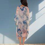 Rochie lungă din mix mătase cu print flora albastru