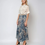 Fustă lungă plisată cu bandă elastică în talie albastru jeans print abstract