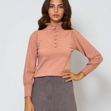 Pulover cu mâneci bufante si guler încretit roz