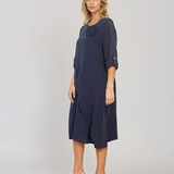 Rochie cu capă și flori aplicate bleumarin