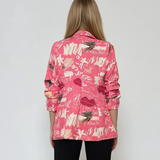 Sacou cu print abstract floral și scrisuri roz