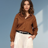 Cămașă din bumbac poplin cu mânecă lungă maro