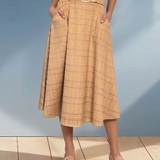 Fustă lungă cloș cu buzunare și carouri mustar