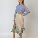 Fustă lungă plisată cu print floral și crinolină fluidă verde