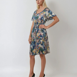 Rochie midi cu print floral și șnur în talie albastru