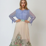 Fustă lungă plisată cu print floral și crinolină fluidă verde