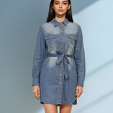 Rochie jeans stil cămașă cu cordon și mânecă lungă albastru-jeans