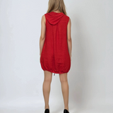 Rochie din in fără mâneci cu glugă și șiret pe margine rosu