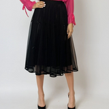 Fustă midi din tulle cu fundițe și aspect satinat negru