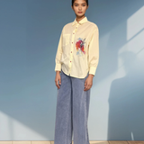 Cămașă damă asimetrică lungă în spate cu print floare galben