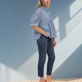 Bluza guler tunică și broderie albastru-jeans