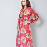 Rochie lungă cu print floral, mânecă lungă, elastic talie, decolteu în V ciclam