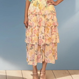 Fustă lungă cu volane și print floral galben