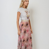 Fustă lungă plisată cu curea și print floral roz