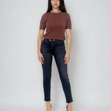 Pulover tricotat cu mânecă scurtă si perle maro