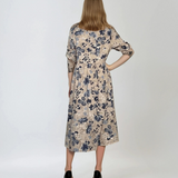 Rochie lungă din bumbac cu print floral și mânecă 3/4 crem