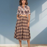 Fustă lungă cloș cu buzunare și carouri negru