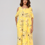 Rochie din in cu umeri goi și print galben