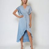 Rochie asimetrică cu cordon în talie albastru jeans