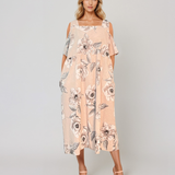 Rochie din in cu umeri goi și print beige