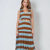 Rochie lungă fără mâneci cu dungi și curea inclusă beige