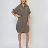 Rochie stil cămașă din in cu dungi grej