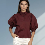 Cămașă poplin mâneci 3/4 bufante grena