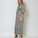 Rochie lungă din bumbac cu print geometric și mânecă 3/4 gri