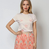 Tricou din bumbac cu aplicații flori roz alb