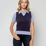 Pulover cu mânecă scurtă, guler cămașă și nasturi bleumarin