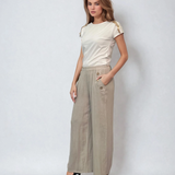 Pantaloni lungi din in cu nasturi decorativi pe buzunare crem