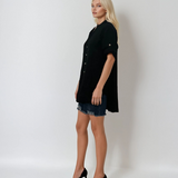 Cămașă din in cu guler tunică și broderie fluture negru