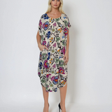Rochie vaporoasă midi cu print floral roșu, cu buzunare mov