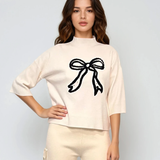 Pulover tricotat cu fundă ?i mânecă 3/4 alb